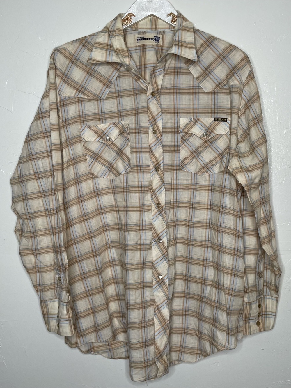 1970s GENUINE ROEBUCK PEARL SNAP WESTERN PLAID SHIRT SZ XL